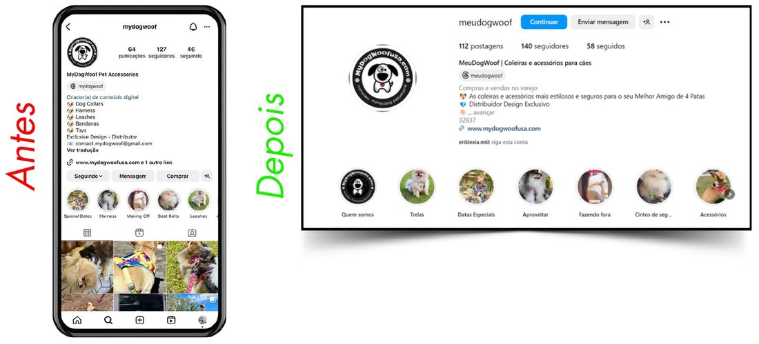 Perfil de Instagram da MyDogWoof antes e depois da otimização